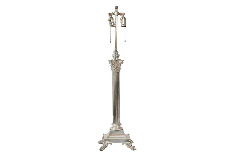 Silvered Bronze Reeded Column Lamp With Acanthus Capital And Paw Feet, England 19th Century