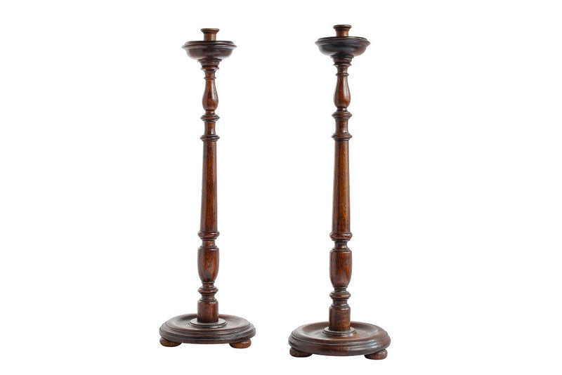Hand Turned Mahogany Candlesticks, England 19th Century