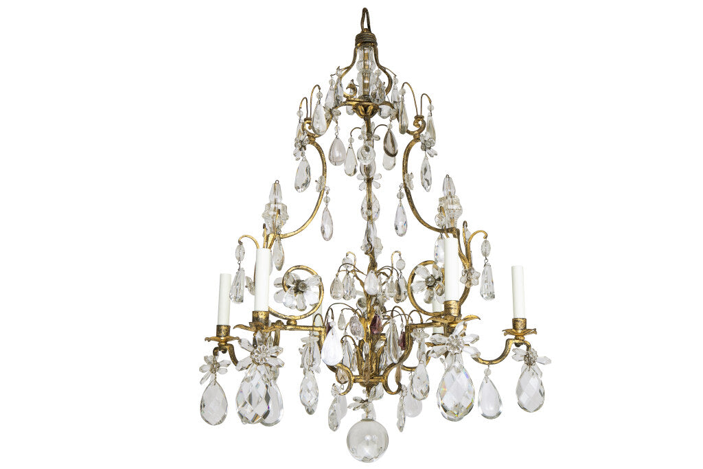 Gilt Iron and Crystal Six Light Cage Frame Chandelier, Italy 19t Default