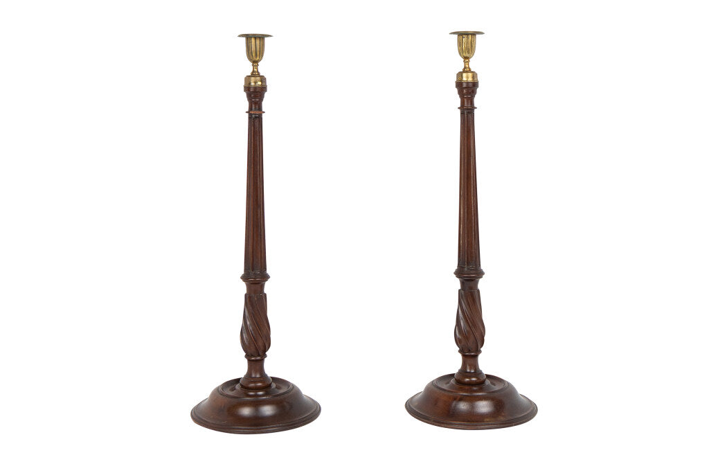 Carved mahogany candlesticks with brass fittings, England, circa Default