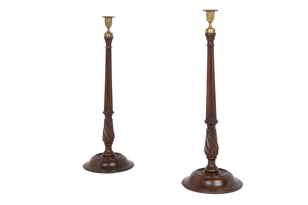 Carved mahogany candlesticks with brass fittings, England, circa Default