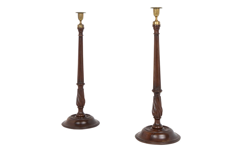 Hand Turned Mahogany Candlesticks With Brass Fittings, England 19th Century