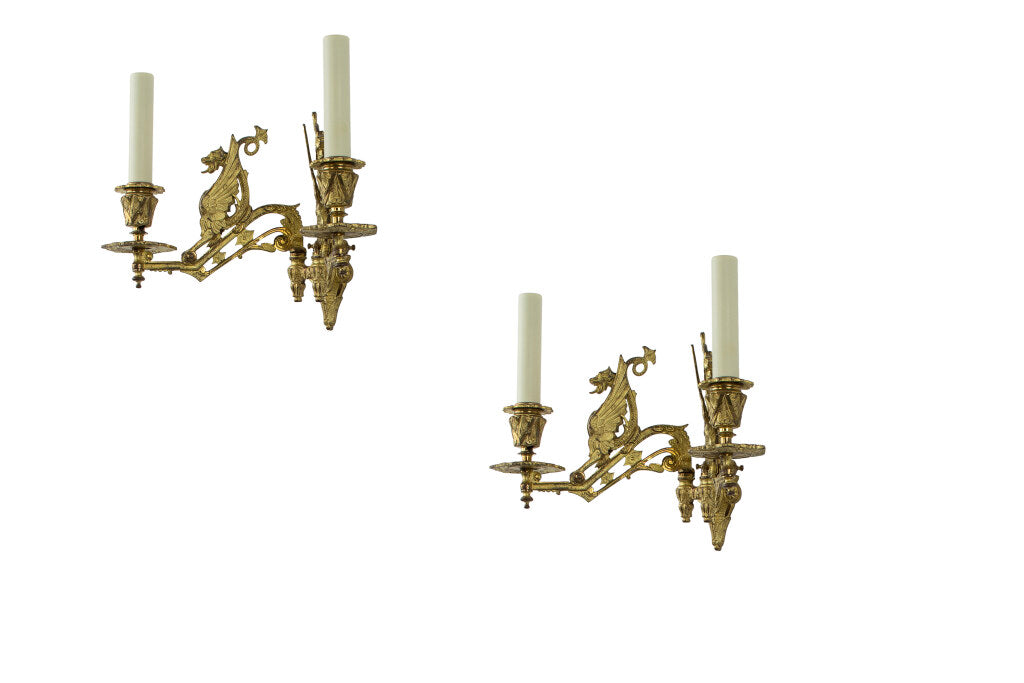 Etched Mirror Shield Shaped Two Light Sconces With Glass Arms, F Default