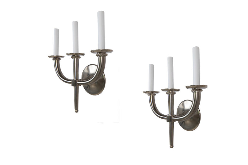 Nickeled Bronze Art Deco Three Light  Sconces, France Early 20th Century
