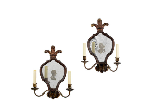 Etched Mirrored Back And Mahogany Framed Two Light Sconces, Engl Default