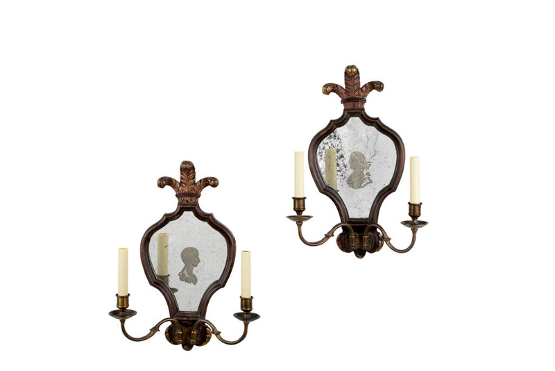 Etched Mirrored Back And Mahogany Framed Two Light Sconces, England 19th Century