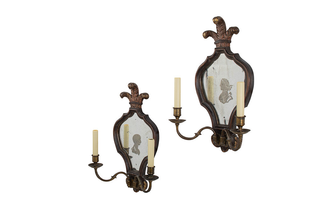 Etched Mirrored Back And Mahogany Framed Two Light Sconces, Engl Default
