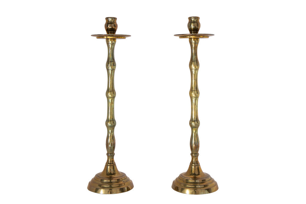 Brass Turned Candlesticks With Bamboo Motif, England 19th Century Default