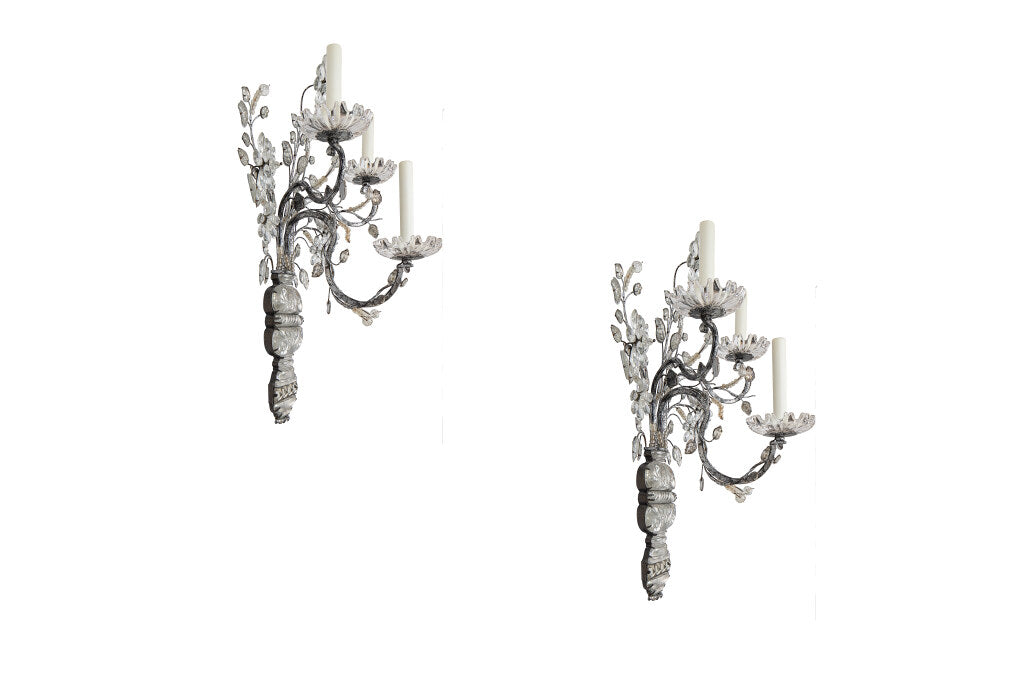 Silvered Iron and Crystal Three Light Sconces by MAISON BAGUES, Default