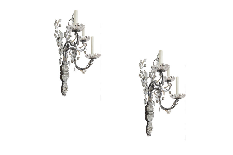 Silvered Iron and Crystal Three Light Sconces by MAISON BAGUES,