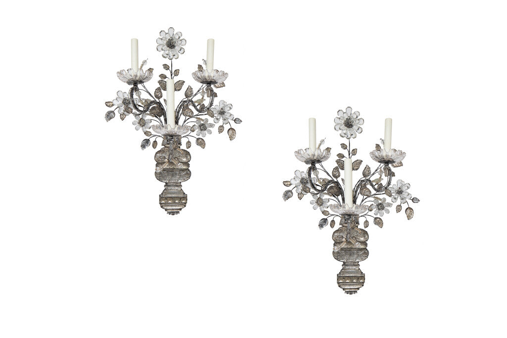 Silvered Iron and Crystal Three Light Sconces by MAISON BAGUES, Default