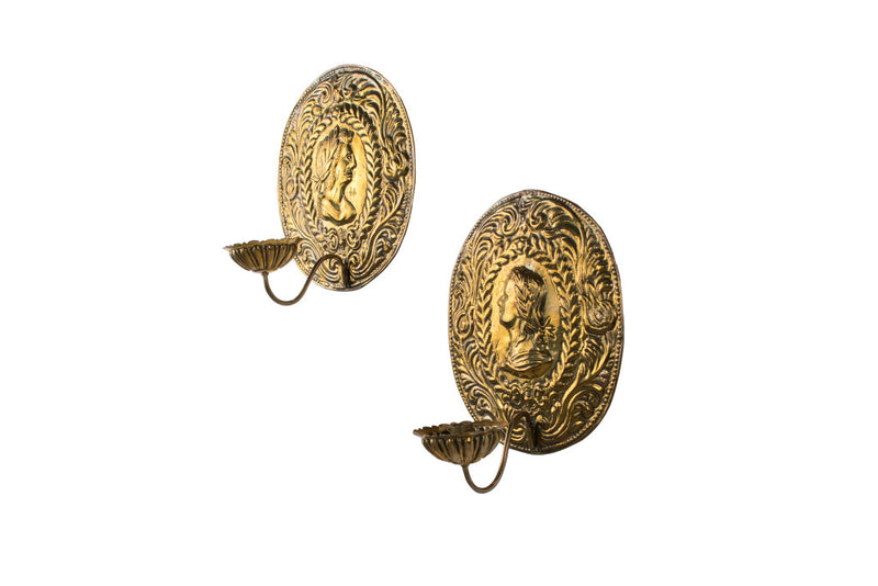 Brass Repousse One Light Shield Backed Sconces, Holland  Late 19