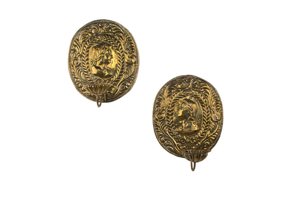 Brass Repousse One Light Shield Backed Sconces, Holland  Late 19 Default