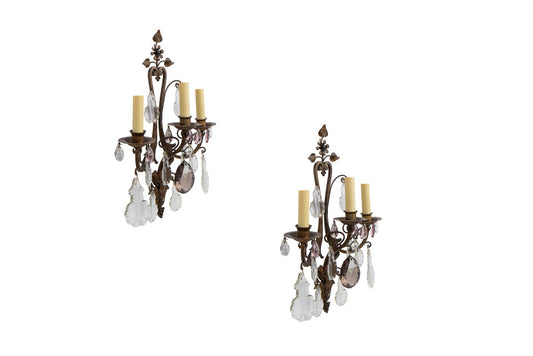 Patinated Iron And Crystal NAPOLEON III Three Light Sconces, Fra Default