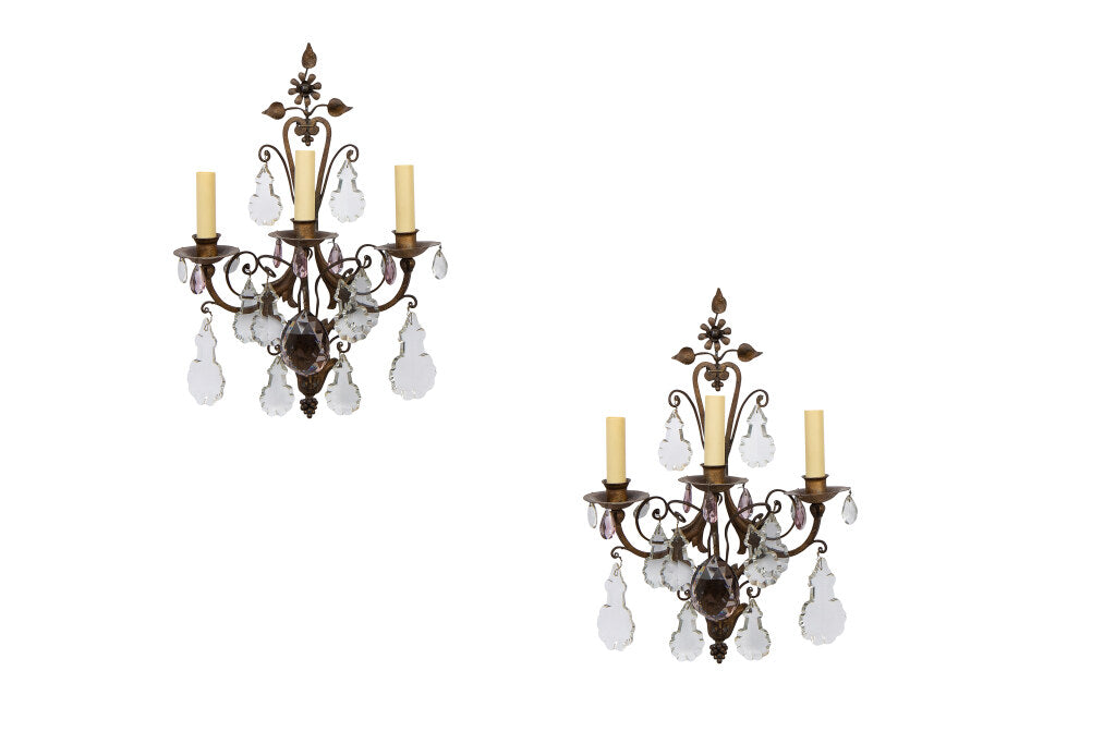 Patinated Iron And Crystal NAPOLEON III Three Light Sconces, Fra Default