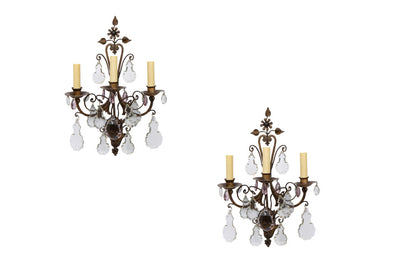 Patinated Iron And Crystal NAPOLEON III Three Light Sconces, Fra Default