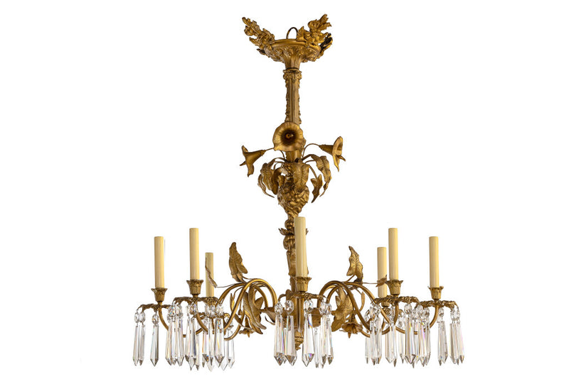 Gilt Repousse Tole And Crystal Art Nouveau Eight Light Chandelie