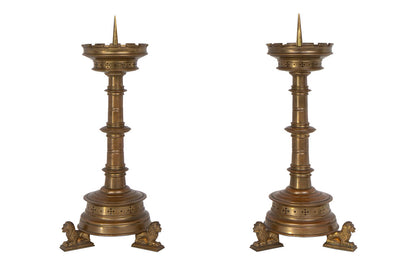 Brass Gothic Style Candlesticks With Footed Lion Bases, England Default