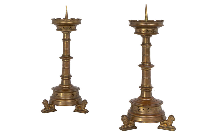 Brass Gothic Style Candlesticks With Footed Lion Bases, England