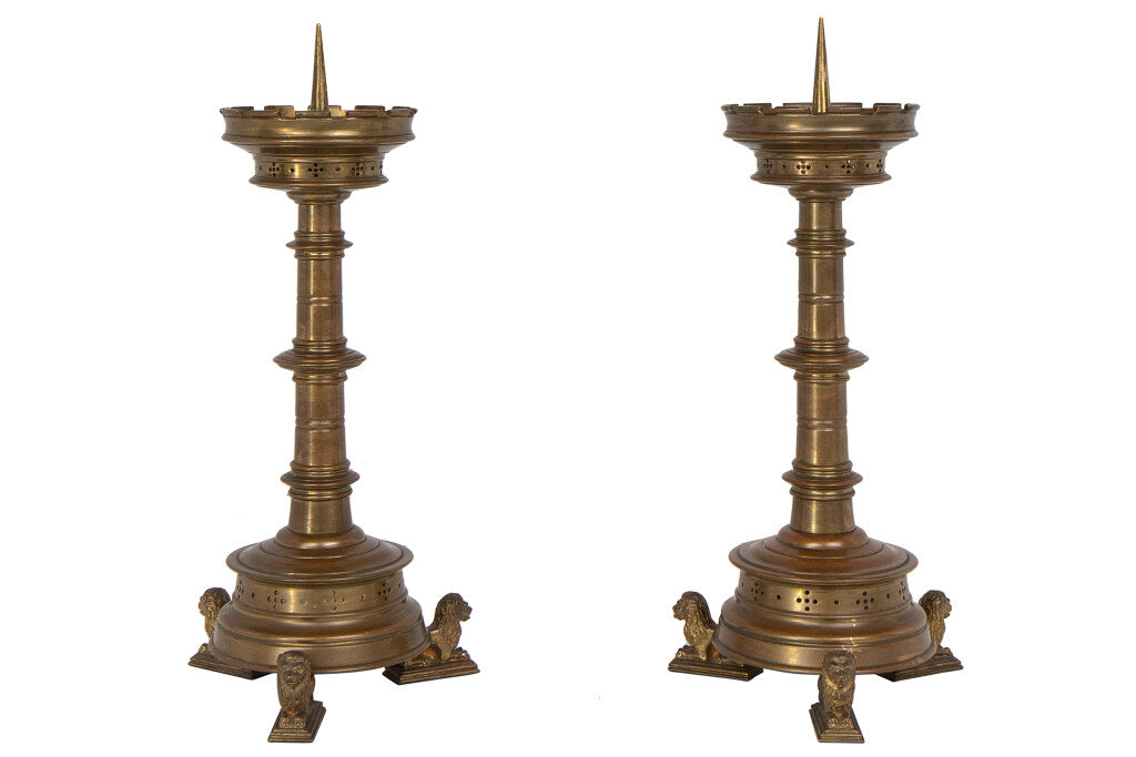 Brass Gothic Style Candlesticks With Footed Lion Bases, England Default