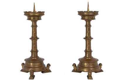 Brass Gothic Style Candlesticks With Footed Lion Bases, England Default