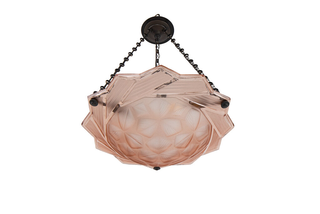 Molded Glass Rose Colored Art Deco Three Light  Pendant With Geo Default