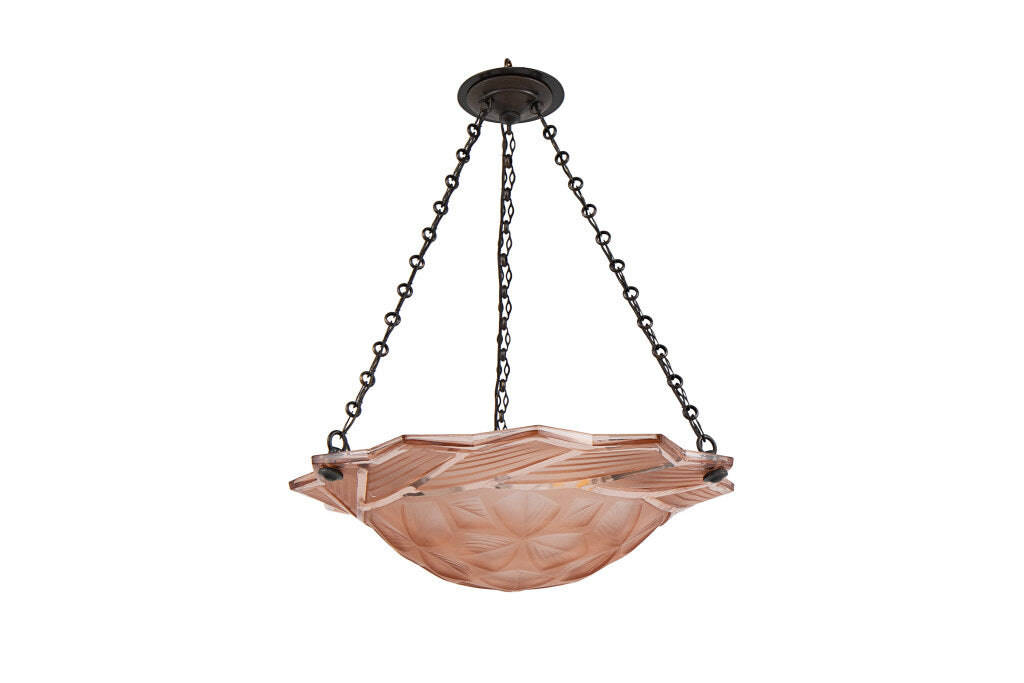 Molded Glass Rose Colored Art Deco Three Light  Pendant With Geo Default