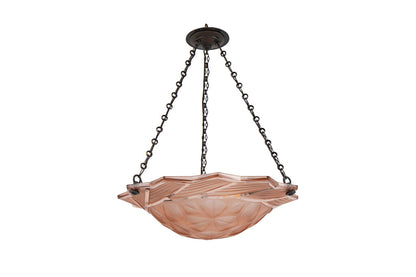 Molded Glass Rose Colored Art Deco Three Light  Pendant With Geo Default