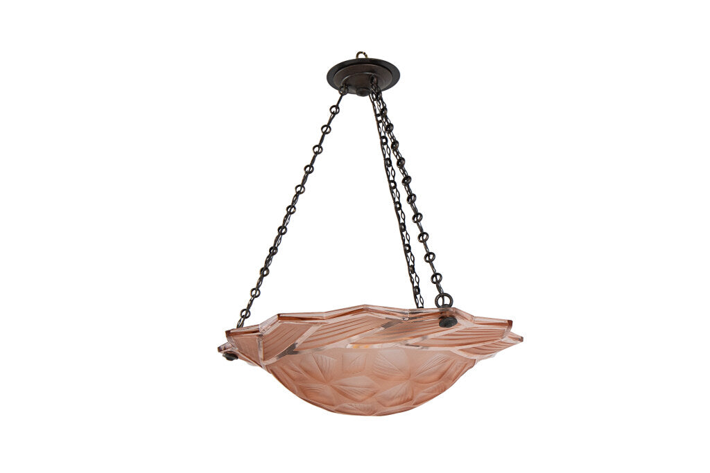Molded Glass Rose Colored Art Deco Three Light  Pendant With Geo Default