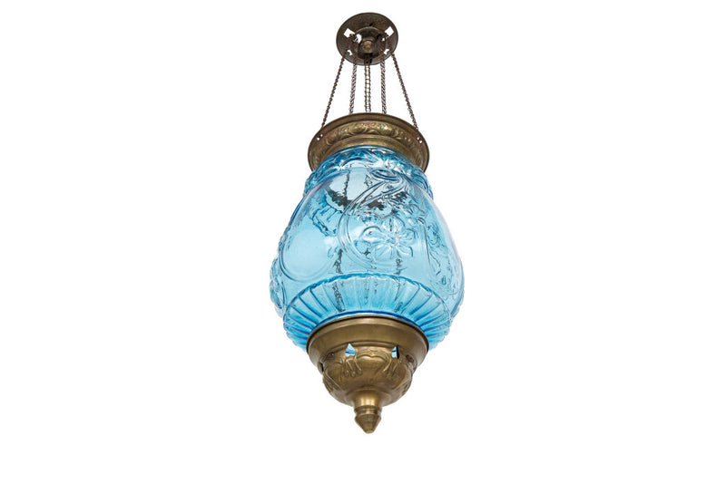 Brass And Pressed Blue Glass Anglo-Indian One Rise And Fall Lant