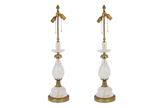 Rock Crystal and Gilt Bronze Two Light Table Lamps by E.F. Caldw