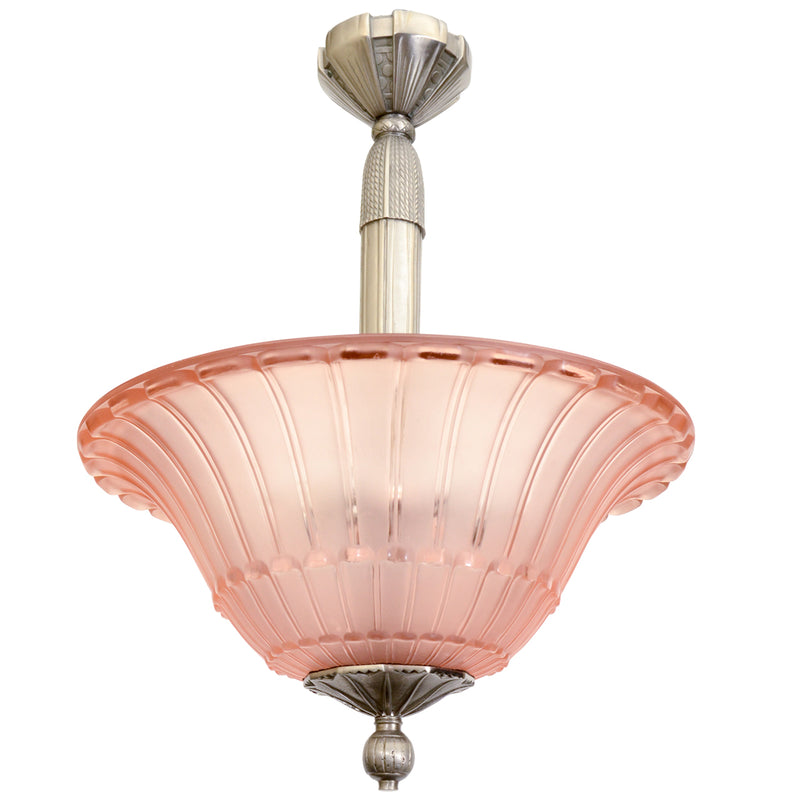 Nickeled Bronze And Molded Pink Colored Glass Art Deco Pendant By 