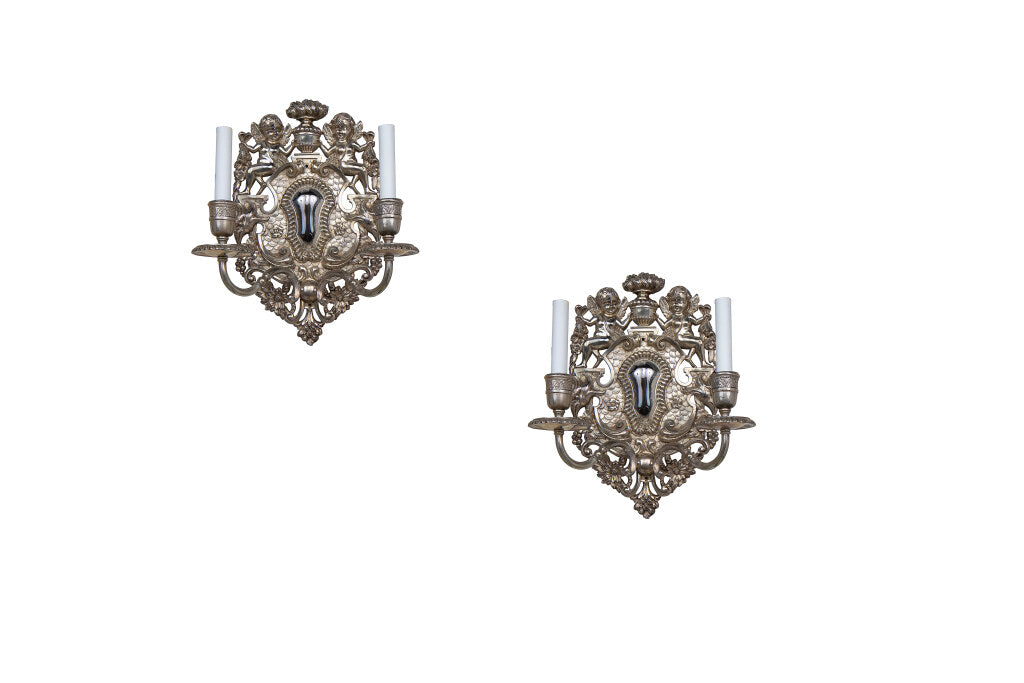 Silvered Bronze Shield Back Two Light Sconces, "E.F. CALDWELL", Default