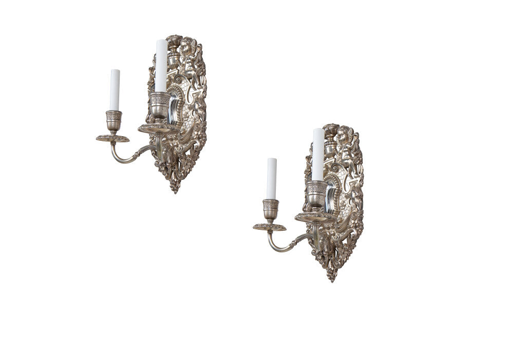 Silvered Bronze Shield Back Two Light Sconces, "E.F. CALDWELL", Default