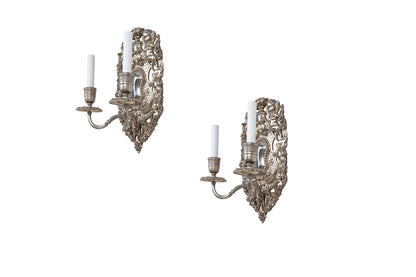 Silvered Bronze Shield Back Two Light Sconces, "E.F. CALDWELL", Default