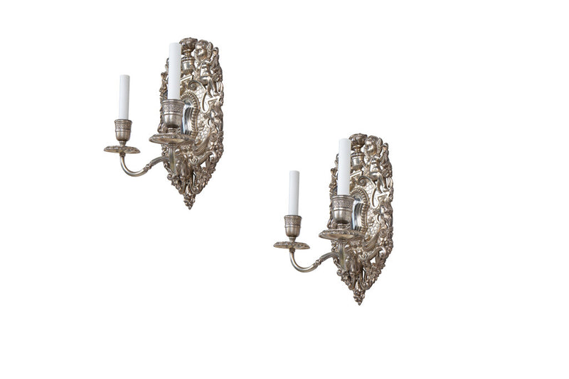 Silvered Bronze Shield Back Two Light Sconces, 