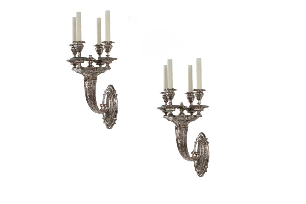 Silvered Bronze Torch Motif  Four Light Sconces By "E. F. CALDWE Default