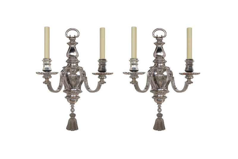 Silvered Bronze Neo-Classical Style Two Light Sconces By E.F. CA