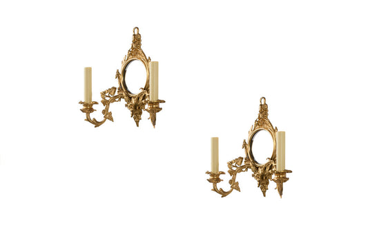 Gilt Bronze Two Light Mirrored Back Sconces With Acanthus Decora Default