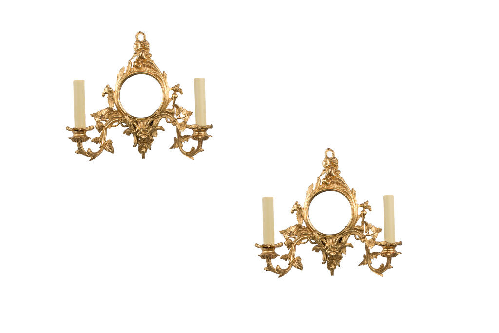 Gilt Bronze Two Light Mirrored Back Sconces With Acanthus Decora Default