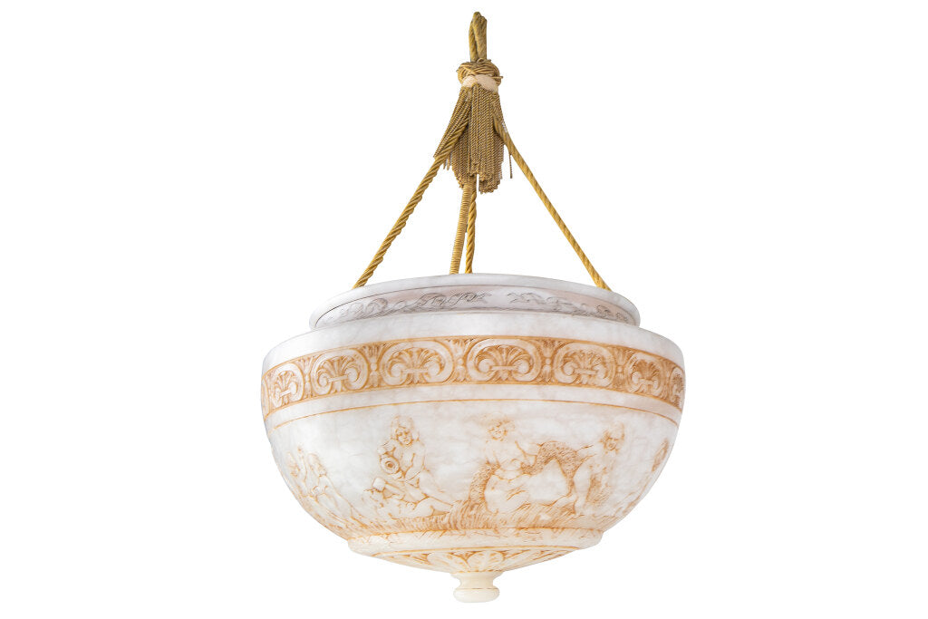 Hand Carved Alabaster One Light Pendant With Cherub Scenes And Default