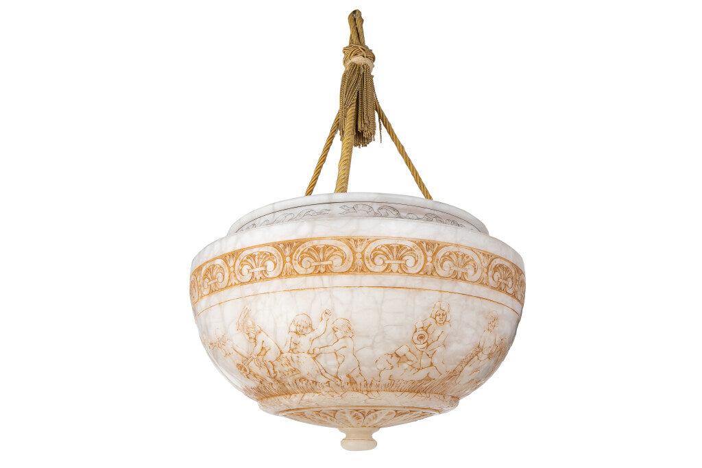 Hand Carved Alabaster One Light Pendant With Cherub Scenes And Default