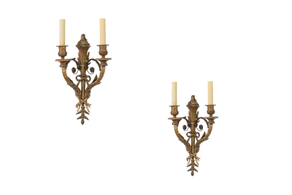 Giltwood, Gesso And Iron L. XVI Style Two Light Sconces, France Default