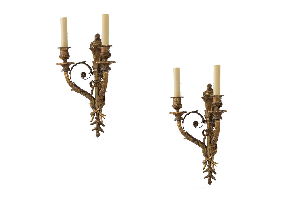 Giltwood, Gesso And Iron L. XVI Style Two Light Sconces, France Default