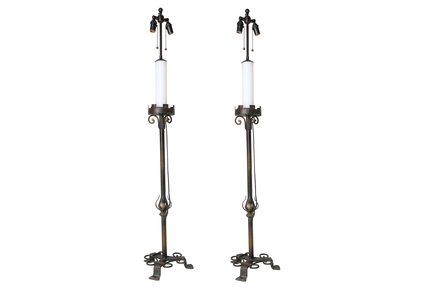 Patinated Iron Candlestick Lamps With Footed Bases, Italy 19th C