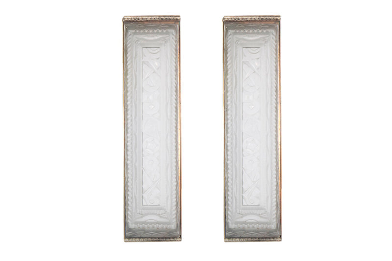 Nickeled Bronze And Molded Glass Geometric Motif  Art Deco Two L