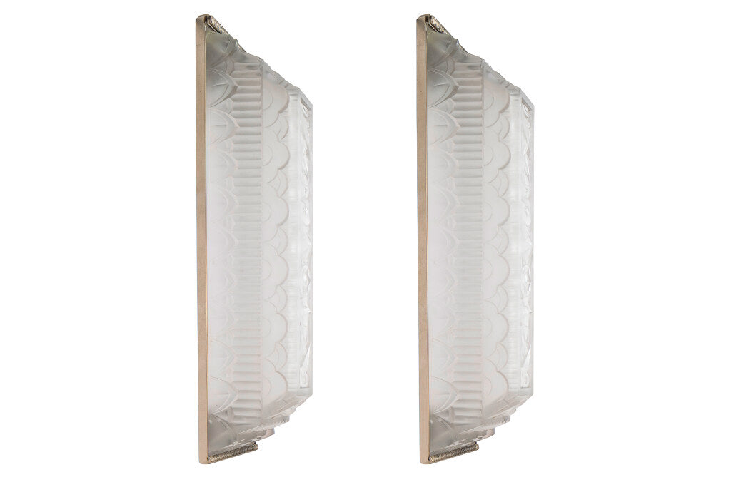 Nickeled Bronze And Molded Glass Geometric Motif  Art Deco Two L Default