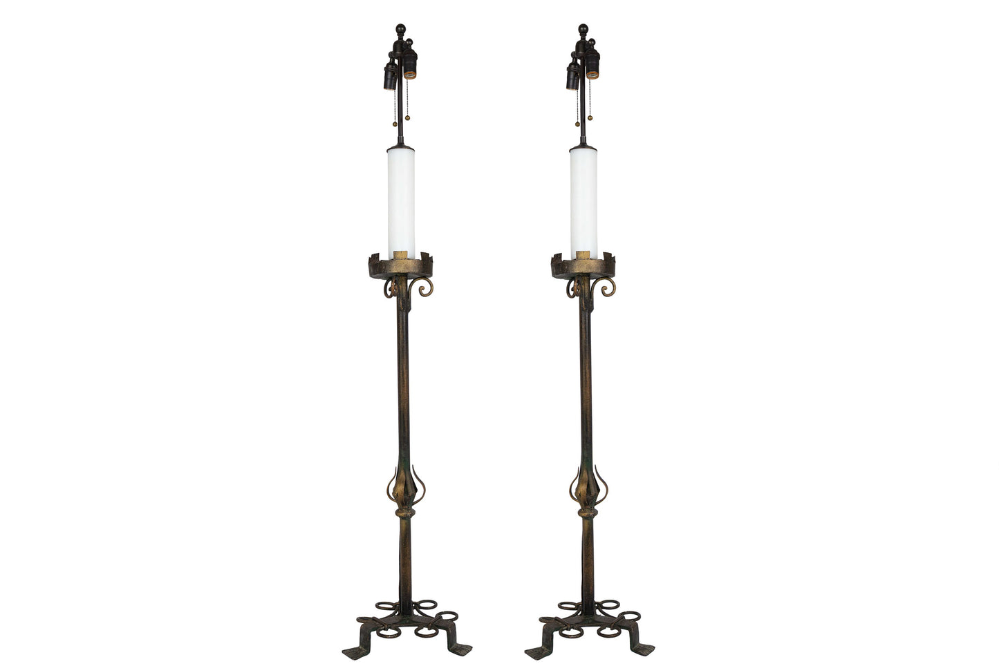 Patinated Iron Candlestick Lamps With Footed Bases, Italy 19th C