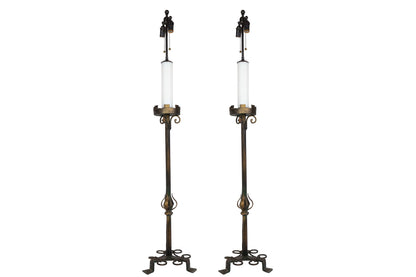 Patinated Iron Candlestick Lamps With Footed Bases, Italy 19th C