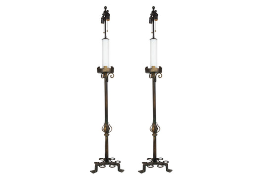 Patinated Iron Candlestick Lamps With Footed Bases, Italy 19th C
